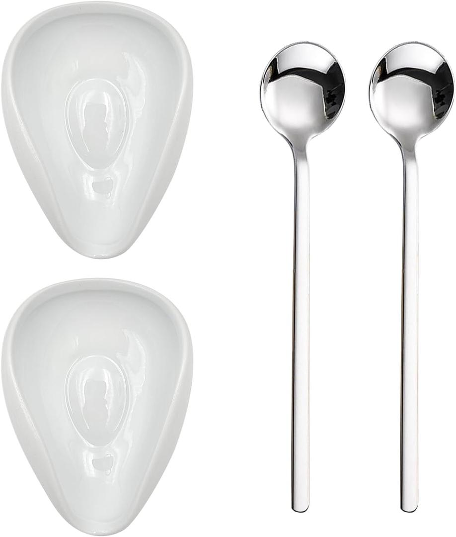 KWAGOCAR 4 Pcs Coffee Spoon Rest and Spoon Ceramic Coffee Spoon Rest Mini Coffee Spoon Holder Small Teaspoon Holder Coffee Bar Coffee Stirrers Holder for Kitchen Counter Coffee Station Bar Lovers