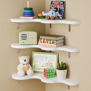 Cute Cloud Shelf Set of 3 - Wavy Floating Corner Shelves Wall Mounted, Corner Shelf Floating with Brackets, Nursery Shelves for Wall Decor, Bedroom,Living Room,Bathroom&Kids Room-White