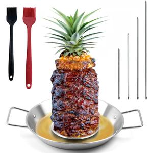 Fengzhe Al Pastor Skewer for Grill: Extra Large 13" Stainless Steel Vertical Skewer, Brazilian Spit Stand with 4 Spikes, 2 Brushes, for Tacos Al Pastor, Shawarma, Kebabs, with Fat Separator Tray
