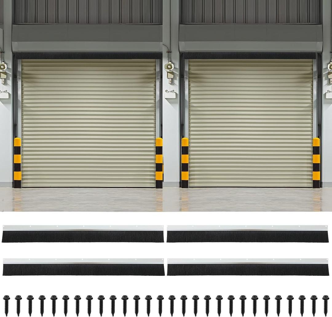 DoubleFill 3" Roll up Garage Brush Seal for Top, 16ft Long Heavy Duty Seal Nylon Brush with Aluminum Track for 2 Garage Doors up to 8' No-Drill 45deg Holder for Commercial, Corrugated, Sliding Barn