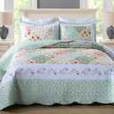 MarCielo 3-Piece Floral Printed Quilt Set Lightweight Bedspread Set Coverlet Set (Romantic Green, Queen)