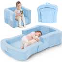 Toddler Travel Bed, 2-in-1 Foldable Portable Toddler Bed Sofa Chair, Soft Baby Kids Travel Floor Cot with Washable Covers Safety Foam Raised Bumper for Camping Hotel Sleeping (Blue)