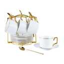 CHILDIKE 6oz Porcelain Cappuccino Cups Set of 6 with Saucers and Metal Stand, Stackable Tea Cups Set for Coffee, Latte, Espresso, Cafe Mocha, Matte White