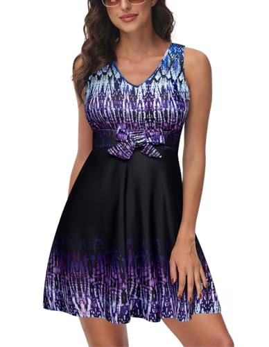 Kate Kasin Women's One Piece Swimsuits 2026 Tummy Control Bathing Suits Flowy Swimdress Modest Swimwear with Boyshorts L, Purple Gradient