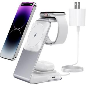 4 in 1 Wireless Charging Station for Apple Devices Magsafe Wireless Charger Stand for iPhone Series, Fast Charging Station for Apple Watch and AirPods, 30W PD Adapter Included