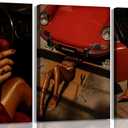 3Pcs Red Trendy Black Woman Canvas Wall Art Sexy African American Woman Painting Wall Decor Red Vintage Car Picture Print Artwork For bedroom living room and garage decoration 12x16in Framed (16L"x12W")