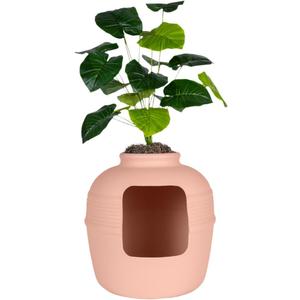 Good Pet Stuff Original Hidden Litter Box Planter, Decorative Cat Litter Enclosure, Carbon Filter, Faux Plant, Round Design, Easy to Clean, Base Kit, Broad Leaf Philodendron, Blush Coral