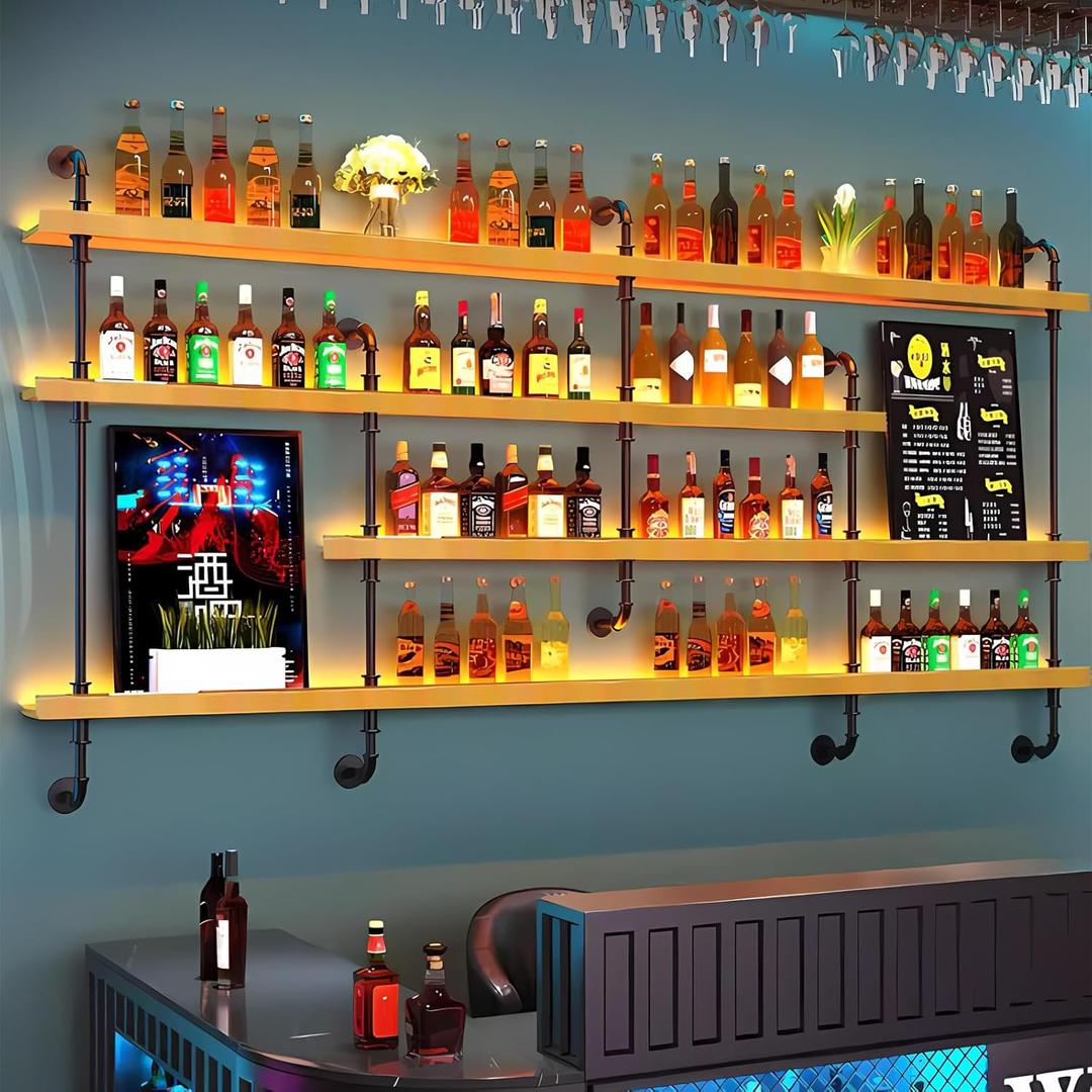 Wall-Mounted Rack with LED Lights 4-Tier Wooden Floating Bar Shelves Creative Large Bottle Display Rack Hanging Shelf, for Home Bar Kitchen,Living Room (Walnut, 200cm/78.7in)