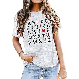 Valentines Shirts Teacher Outfits Alphabet ABC I Love You Tops Girlfriend Gifts Valentine Short Sleeve Tees Tops White