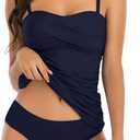 Shuangyu Two Piece Swimsuit for Women, Ruched Tummy Control Tankini Sets with Twist Front, Modest Bathing Suits for Beach (Medium, Ming Blue)