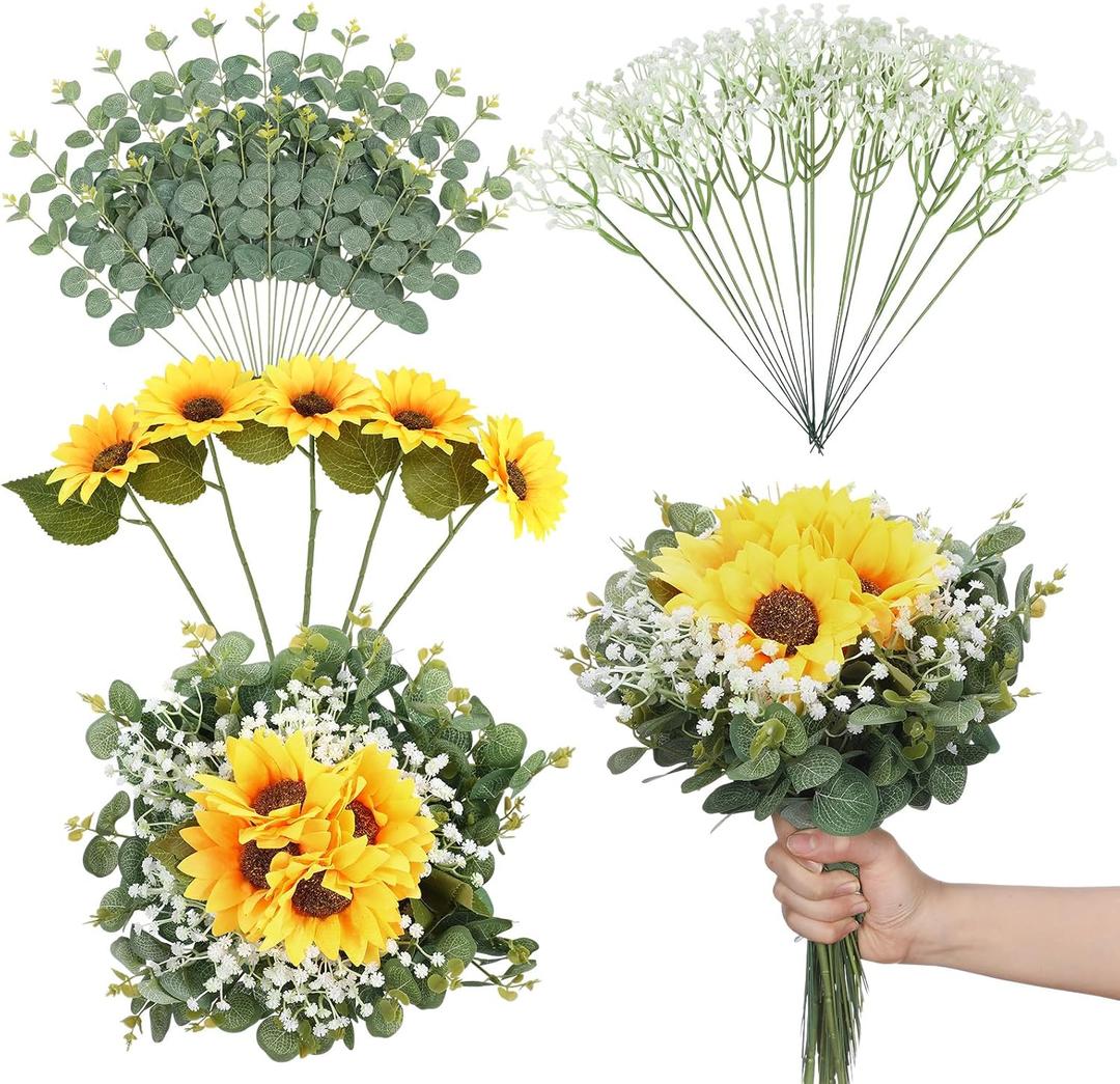 65 Pcs Artificial Sunflower Bundle with Eucalyptus Stems Babys Breath Fake Sunflower Bouquet DIY Flower for Wedding Floral Arrangement Table Centerpieces Party Home Decoration, No Vase