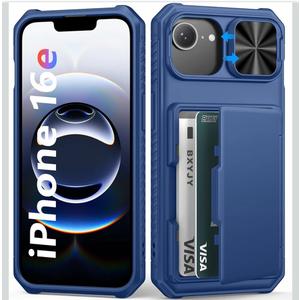 for iPhone 16e Case with Card Holder (4-5 Cards), RFID Block, Slide Camera Cover, Military Grade Protection, Durable Shockproof Heavy Duty Rugged Women Men Wallet Phone Case for iPhone 16e, Blue
