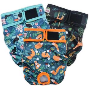 Washable Dog Diapers (3 Pack), Reusable Dog Diapers for Doggie Heat Period, Reusable Doggie Diaper for Female Dogs (Giraffe, Tucan, Fox, Large) (Large (15"-17" Waist)