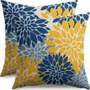 Blue Yellow Pillow Covers 18X18 Inch Set of 2, Dahlia Flower Spring Summer Floral Cream Decorative Throw Pillow Covers Outdoor Modern Farmhouse Cushion Case for Home Couch Sofa Bed Decor