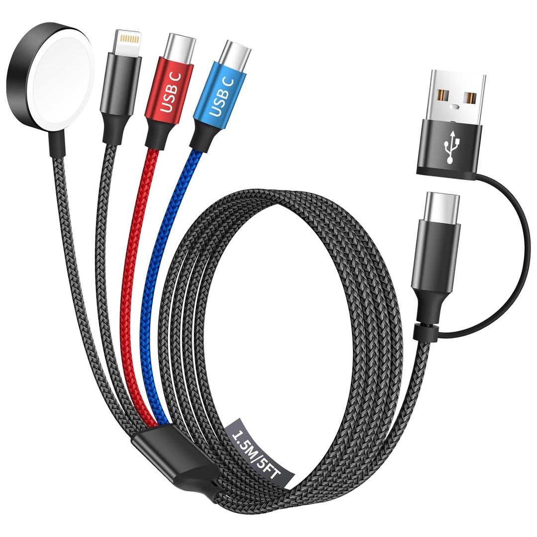 Dual Type-C Port 4 in 2 USB C Cable for Apple iWatch Charger/iPhone 17, Travel Charger Multi Charging Cable Cord for iWatch Ultra/SE/10-1, iPhone16-8, iPad, Android, Car, Cruise Essentials - 1Pc 5FT