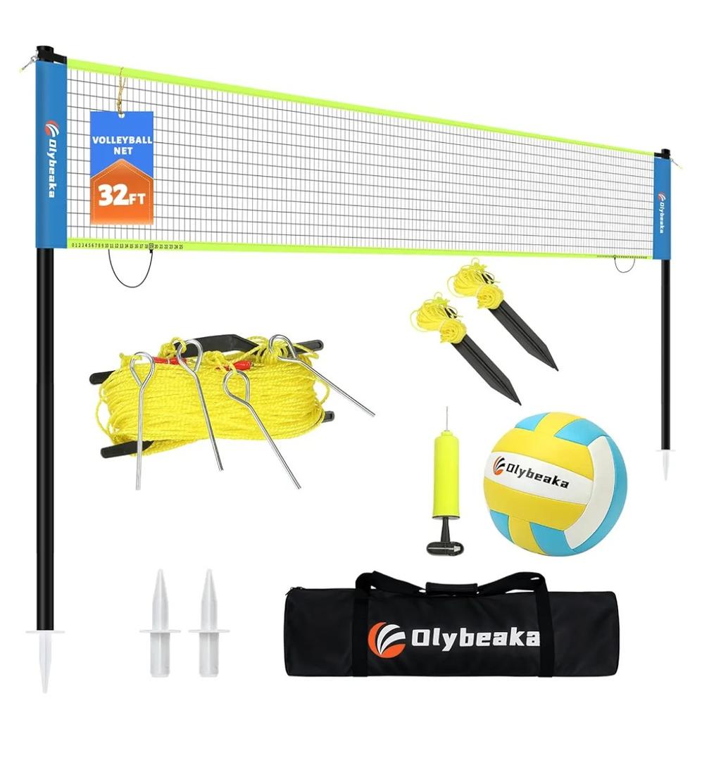 Portable Outdoor Volleyball Net Set for Backyard Beach with Adjustable Poles, Soft PU Volleyball & Pump, Carry Bag and Durable Anti-Sagging Net