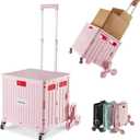 MACOPRO Foldable Utility Cart with Stair Climbing Wheels, Collapsible Rolling Crate with Telescoping Handle, Folding Shopping Trolley Handcart Grocery Book File Tool Teacher Storage Basket (Pink)