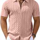 COOFANDY Men's Knit Short Sleeve Shirts Button Down Summer Polo Shirt (Pink, L)