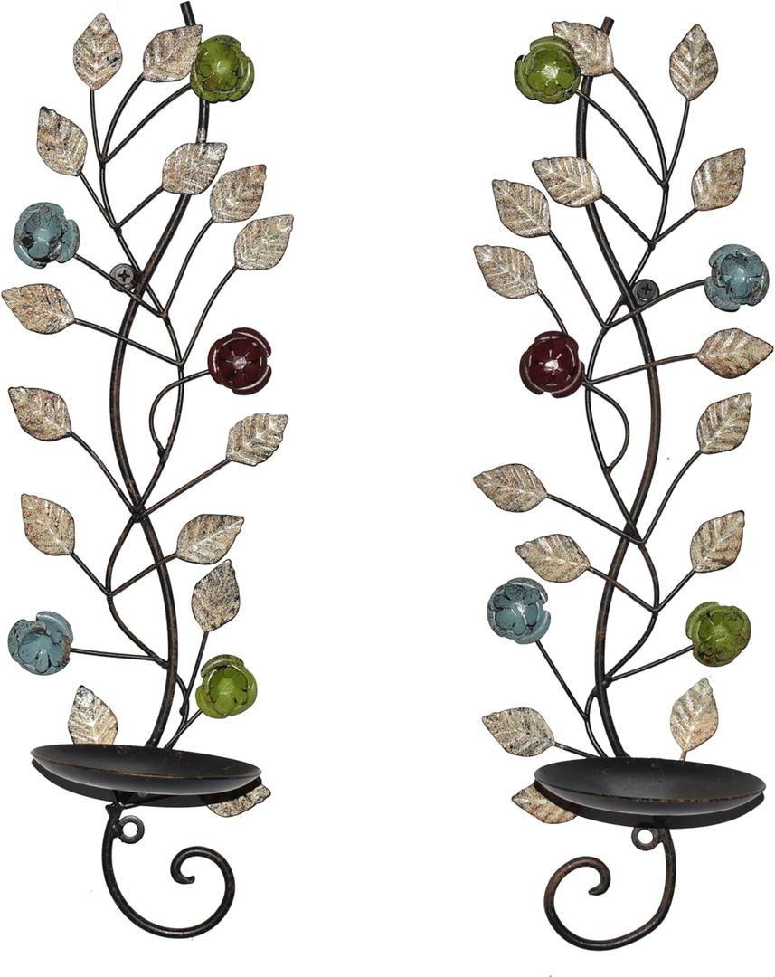 Wall Sconces Candle Holder Set of 2, Antique Leaf Branch Wall Mount Hanging Metal Candle Holder Candle Sconce for Living Room Dining Room (Vintage Color-1)