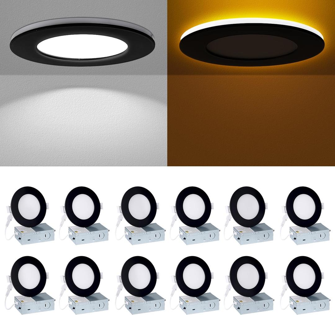 4 Inch Black Recessed Lights - with Night Light, 9W 750LM Dimmable Wafer Downlight Soffit, 2700K-6000K 5CCT Canless Recessed Light with Junction Box, 4inch 12P Black
