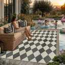 PureCozy Outdoor Patio Rug 5x7 Black/White Checkered Area Rug Linen-Look Washable Indoor Outdoor Living Room Carpet Farmhouse Neutral Non Slip Stain Resistant Rugs for Balcony Porch Garden