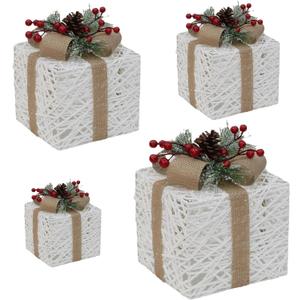 4PCS Boxes Set Iron Frame Hollow Christmas Boxes with Linen Bow LED Christmas Decorations with Natural Ornaments for Christmas, Christmas Decorations Indoor