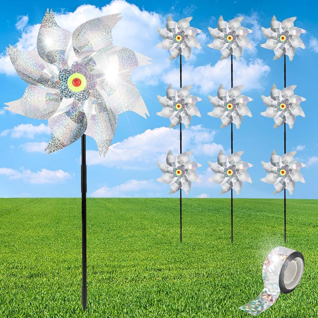 10Pack Pinwheels for Yard and Garden, Reflective Pinwheels to Scare Birds Away, Sparkly Sliver Pin Wheels with Bird Scare Tape for Outside (Pack of 10) (Silver)