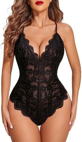 Avidlove Women One Piece Lingerie Deep V Teddy Sexy Lace Bodysuit Snap Crotch Babydoll L, Black