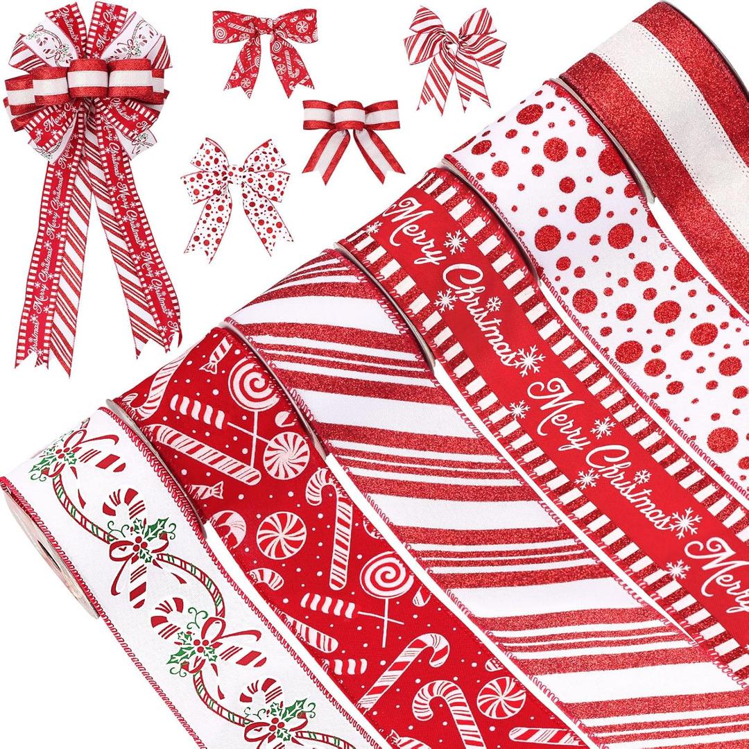 Christmas Ribbon Wired 2.5 inch,6 Rolls 36 Yards Red and White Christmas Tree Ribbon,Holiday Wired Ribbons for Tree Topper Bow Wreath Gift Wrapping Xmas Decorations (Red)