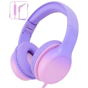 Aechorhy Over Ear Kids Headphones with HD Mic, Safe Volume Limited Wired Headphones for School, Travel, Stereo Sound Headphones with Cord, Foldable 3.5mm Headphones for iPad, Laptop, PC, Purple-Pink