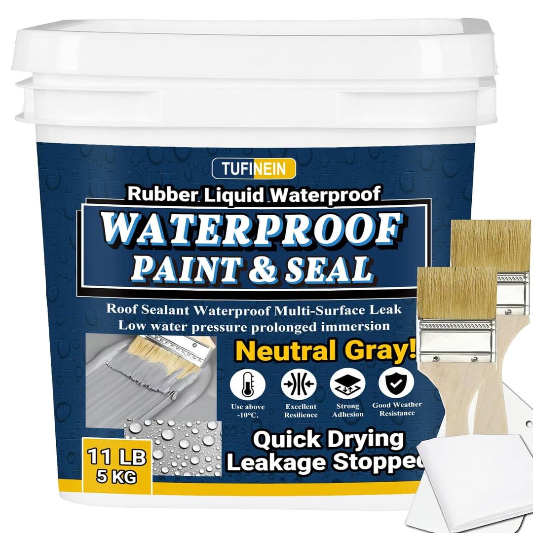Rubber Liquid Waterproof Sealant, TUFINEIN 11 LB/5 KG Neutral Gray Quick Drying Multi Surface Foundation Leak Repair - Roof Gutters Basement Sealer Waterproof - Indoor & Outdoor Flexible Rubber Paint