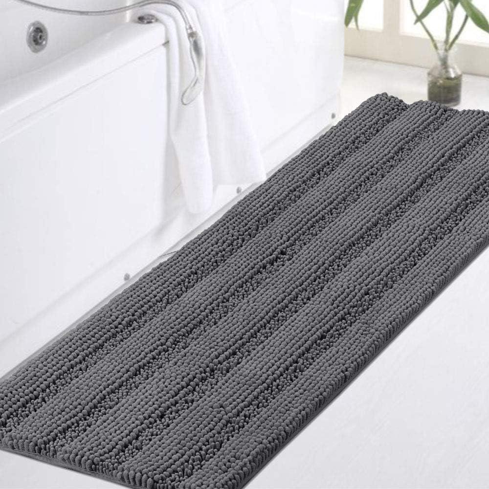 Turquoize Plush Chenille Bath Rug, Gray, Large (47" x 17"), Non-Slip, Washable, Water Absorbent & Soft, For Bathroom Floor