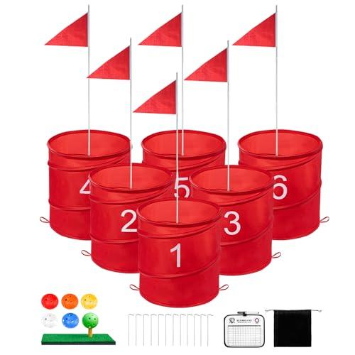 Toemics Golf Bucket Yard Game, Backyard Golf Game for Adults Kids, Portable 6 Hole Golf Course for Outdoor, Lawn, Park, Beach, Yard, Field Day, Family Reunion, Party Chipping Games