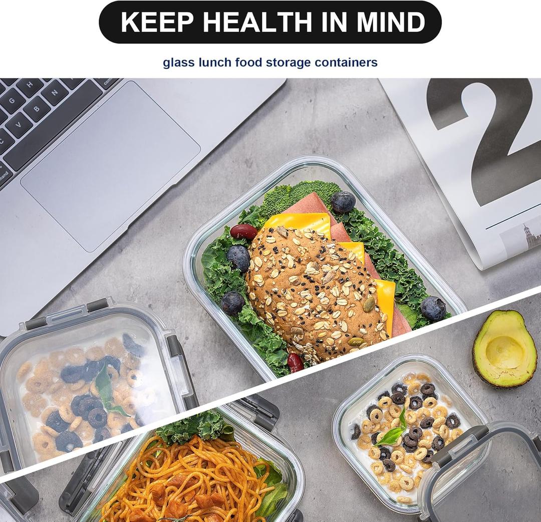 coccot Glass Food Storage Containers with Lids Airtight, Glass Meal Prep Containers for Lunch Food, Container Set, Easy to Open& Close/Microwave,Oven,Freezer,Dishwasher Safe/Leak-Proof（16 Pieces）