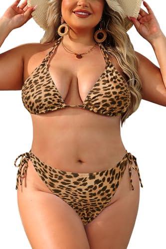 Daci Women Plus Size Triangle Bikini Sets Two Piece Double Straps Halter Swimsuit Side Tie String Sexy Bathing Suits, L/XL