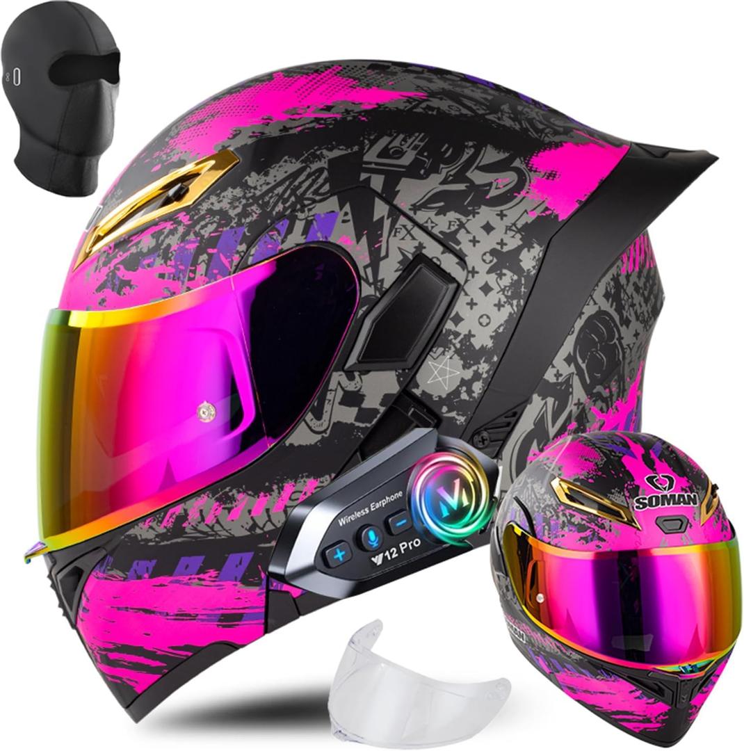 Bluetooth Modular Motorcycle Helmet, DOT Approved Flip Up Full Face Helmet with Dual Anti Fog Visors, Integrated Bluetooth Headset Noise Cancelling Speaker Mic for Adults Men Women (Pink, M)