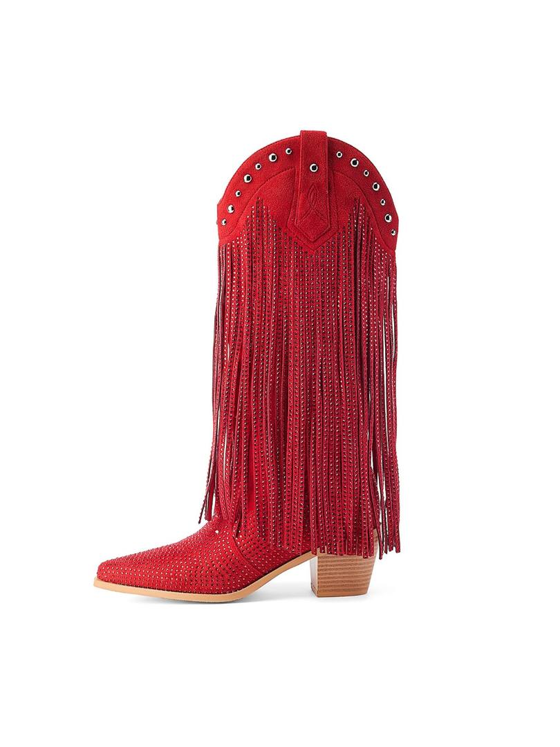 Women's Rhinestone Fringe Cowgirl Boots, Sparkly Western Cowboy Boots Pointed Toe Knee Block Chunky Middle Heel Pull On Mid Calf Boots for Women Girl Party, 12