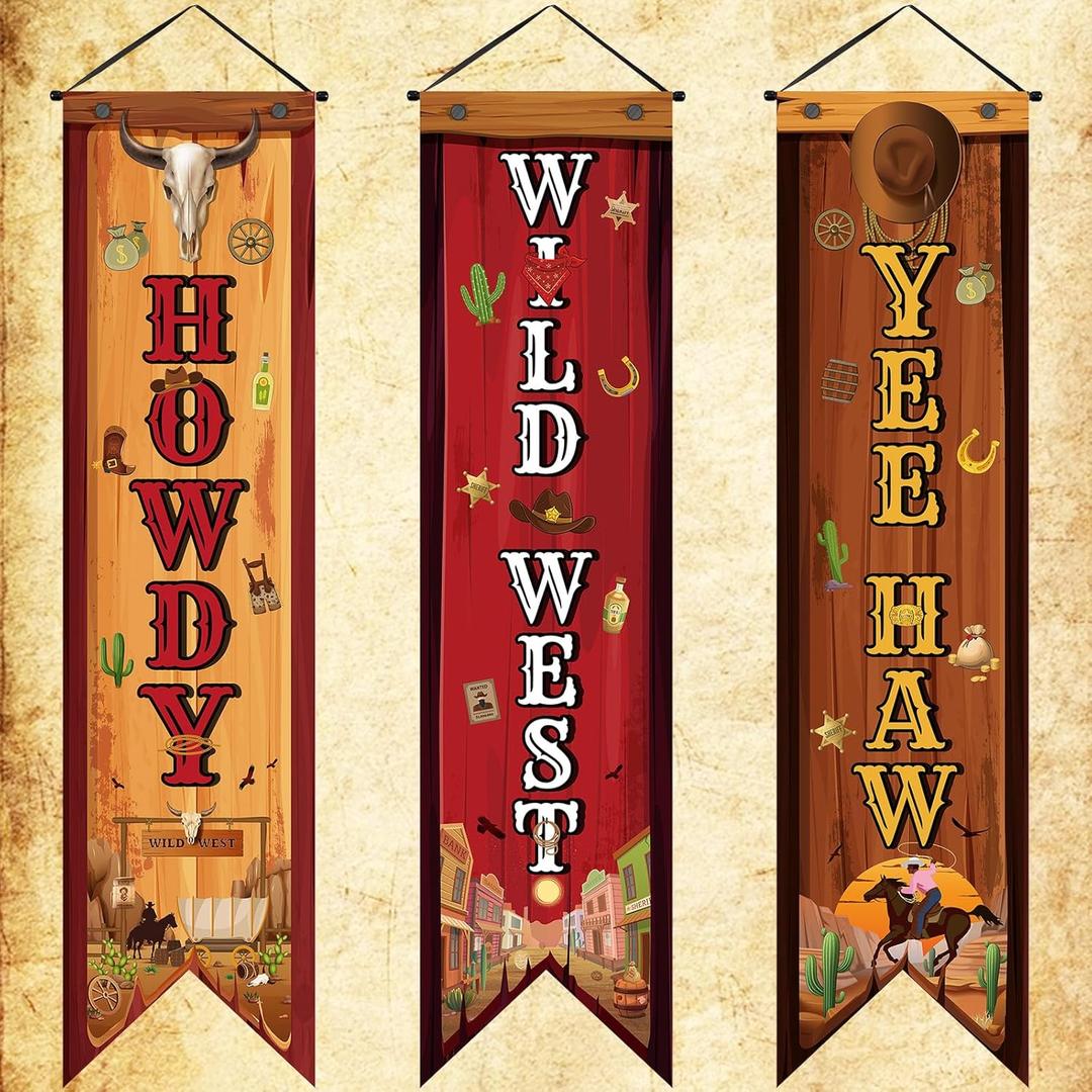 3 Pcs Western Party Decorations Cowboy Banners Wild West Hanging Decor Howdy Yes Haw Porch Sign Backdrops for Indoor Outdoor Western Cowboy Birthday Photo Props Vintage Wedding Party Supplies