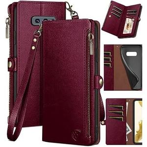 XcaseBar for Samsung Galaxy S10E Wallet case with Zipper Credit Card Holder【RFID Blocking】, Flip Folio Book PU Leather Phone case Shockproof Cover Women Men for Samsung S10E case Wine Red