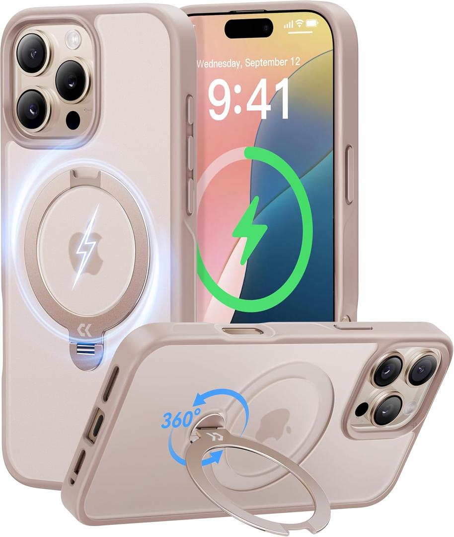 CASEKOO Patented 360 Spin Magnetic Stand for iPhone 16 Pro Case [Military Drop Protection] [Non-Slip Edge] [Compatible with MagSafe] Matte Shockproof Slim for 16 Pro Case 6.3'', Rose Gold