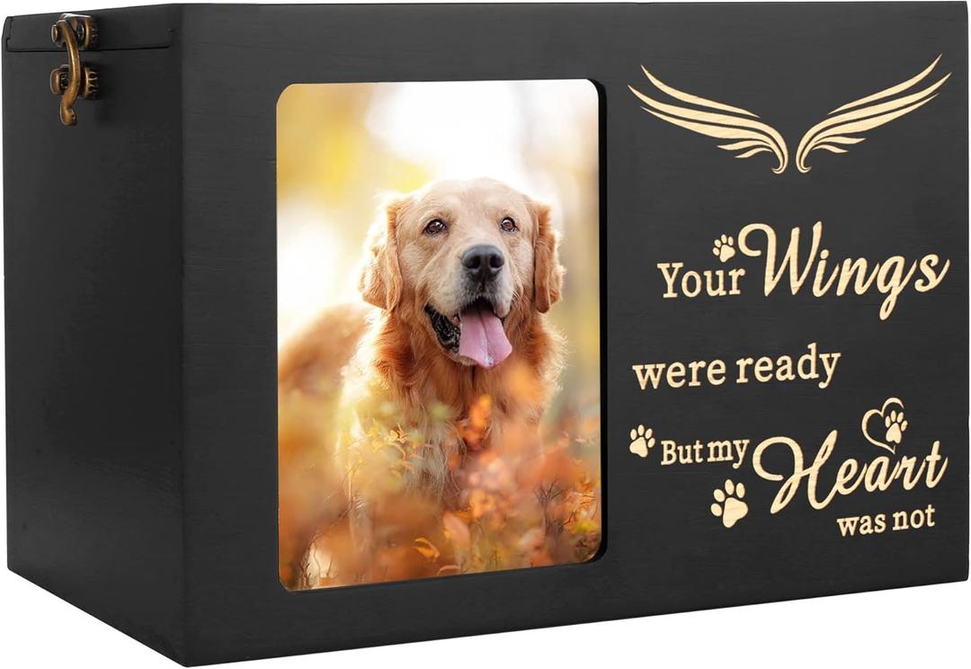Pet Memorial Urns for Dog or Cat Ashes - Large Wooden Funeral Cremation Urns with Photo Frame, Keepsake Memory Box with Black Flannel Lining