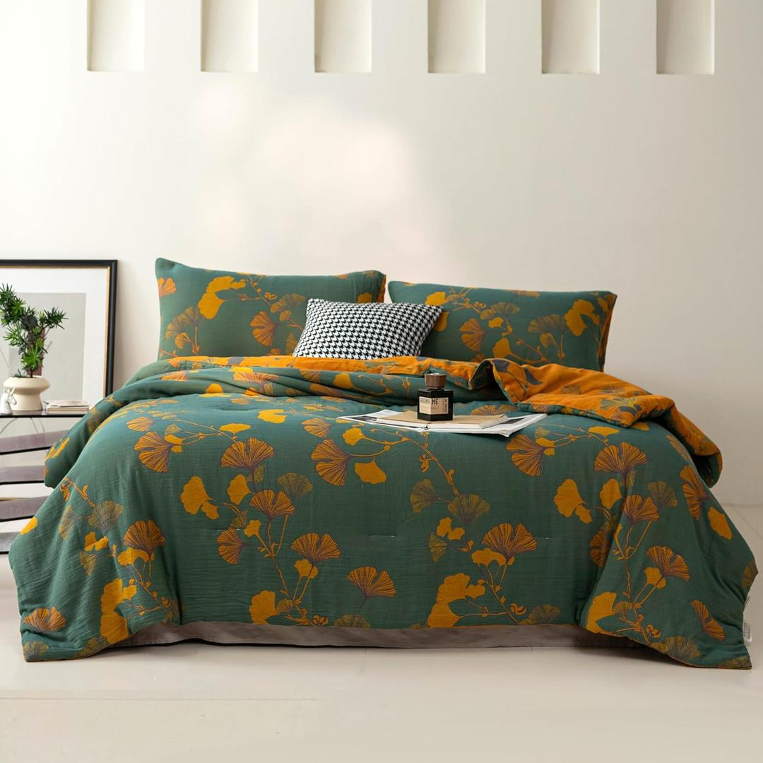 100% Cotton Muslin Jacquard Comforter Set, Floral Ginkgo Leaves Print, Soft Lightweight Reversible 3 Piece Bedding Sets for All Season, Green Yellow, King(104"x90")
