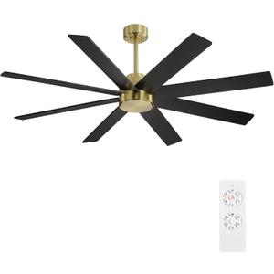 WINGBO 60" Large DC Ceiling Fans without Lights, 3 Downrods, 8 Plywood Blades, 6-Speeds Reversible DC Motor, Indoor Ceiling Fan No Lights for Bedroom Living Room Patio, Brass and Black