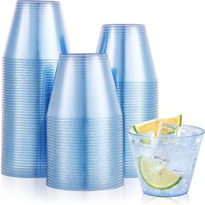 JOLLY CHEF 100 Pack 9 oz Blue Plastic Cups, Disposable Cups Tumblers, Elegant Blue Glitter Party Glasses for Wedding, Thanksgiving Day, Christmas Halloween, 100 Count