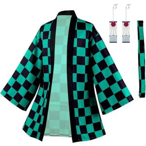 IOONCHI Tanjirou Robe Adult Green Plaid Cloak Kamado Tanjirou Cosplay Costume Color Block Kimono Cardigan Jacket Earrings Set (Large)