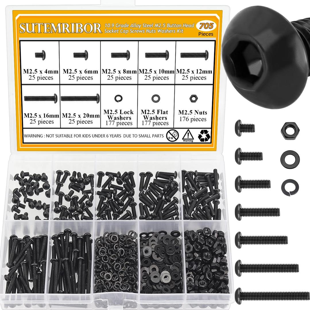 705 Pieces M2.5 Screws Nuts Washers Set Black, Sutemribor M2.5 x 4/6/8/10/12/16/20mm Button Head Socket Cap Screws Nuts Washers Assortment Kit, 10.9 Grade Alloy Steel, Fully Threaded