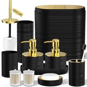 InnJoey Bathroom Set, 10PC Bathroom Accessory Set, Black Bathroom Accessories, Black and Gold Bathroom Set with Trash Can, Soap Dispensers