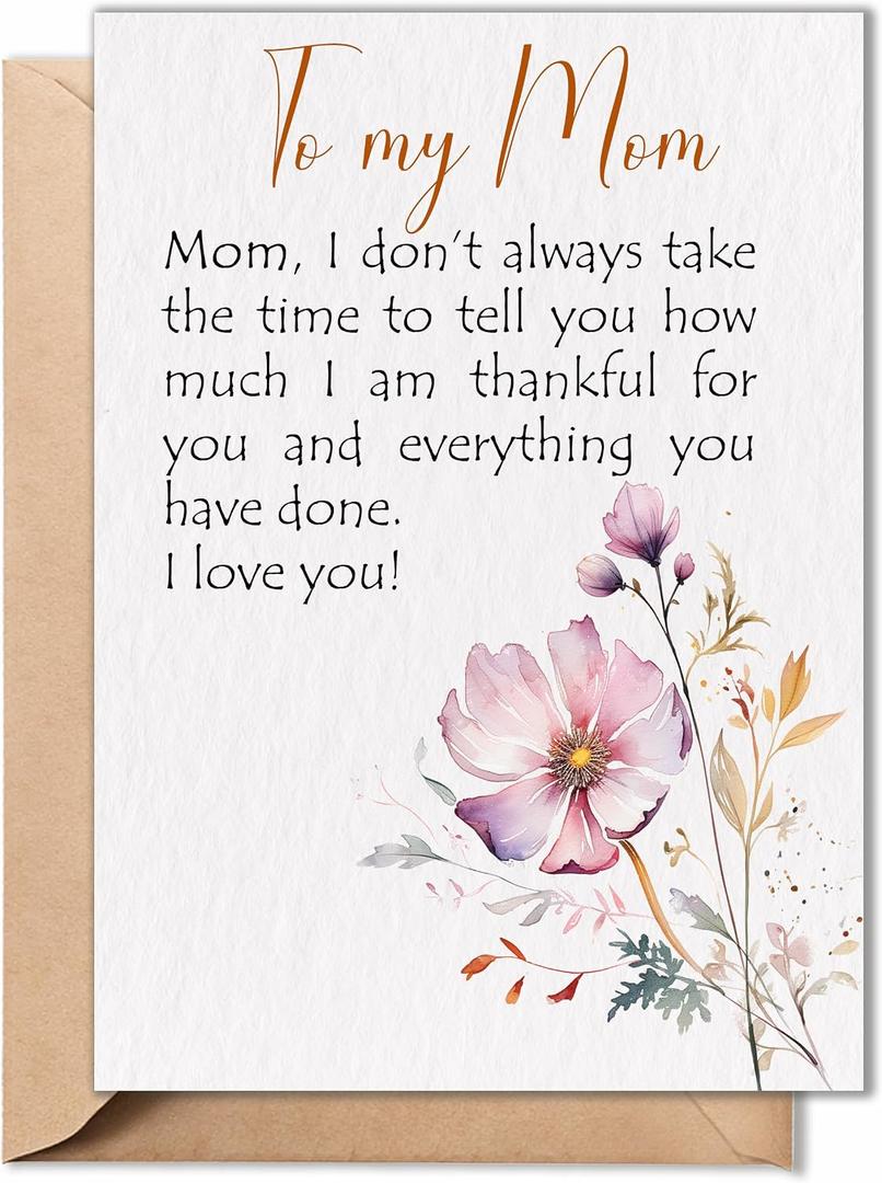 6 x Mothers Day Card for Mom from Daughter, Son – 5x7 Folded Greeting Card with Envelope & Sticker – Sweet, Heartfelt & Premium 350gsm Cardstock – Birthday, Christmas, Thanksgiving, Valentines Gift for Mom
