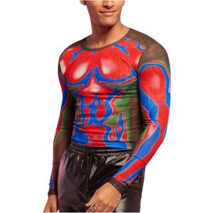 WDIRARA Men's Round Neck Long Sleeve Body Heat Map Print Marble Patterned Sheer Mesh Tee, Large