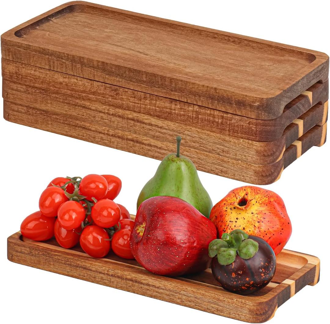 5 Pack 11.8 Inch Acacia Wooden Plates, Solid Wood Serving Plates, Rectangular Acacia Wood Trays, Highly Durable, Dishwasher Safe, Easy Carry Grooved Handle for Cheese, Fruit, and Charcuterie
